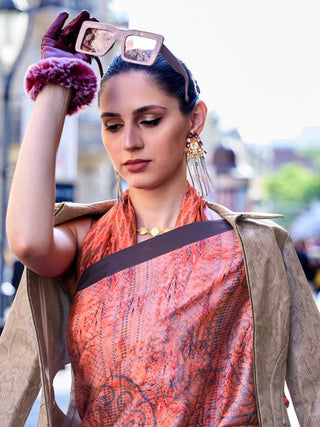 Peach Digital Print Saree in Satin Silk Blend – Party & Wedding Wear ClothsVilla