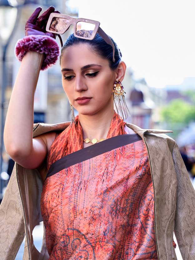 Peach Digital Print Saree in Satin Silk Blend – Party & Wedding Wear ClothsVilla