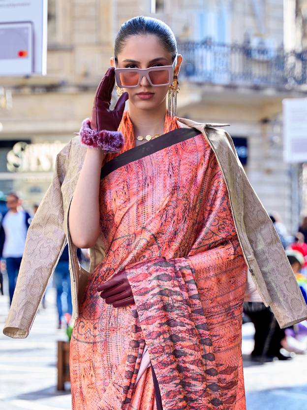 Peach Digital Print Saree in Satin Silk Blend – Party & Wedding Wear ClothsVilla