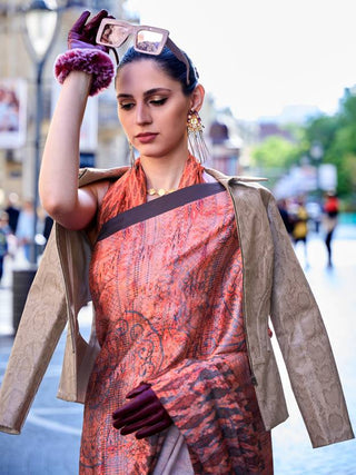 Peach Digital Print Saree in Satin Silk Blend – Party & Wedding Wear ClothsVilla