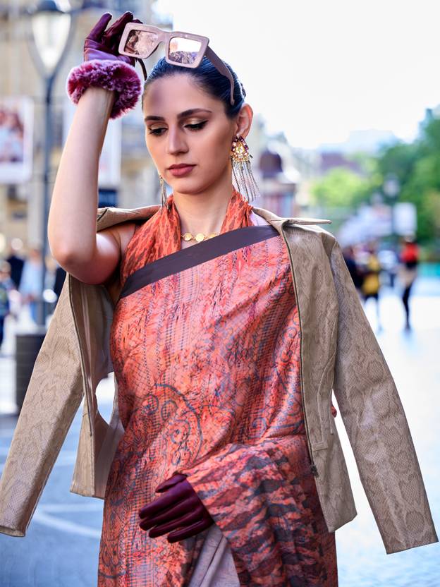 Peach Digital Print Saree in Satin Silk Blend – Party & Wedding Wear ClothsVilla