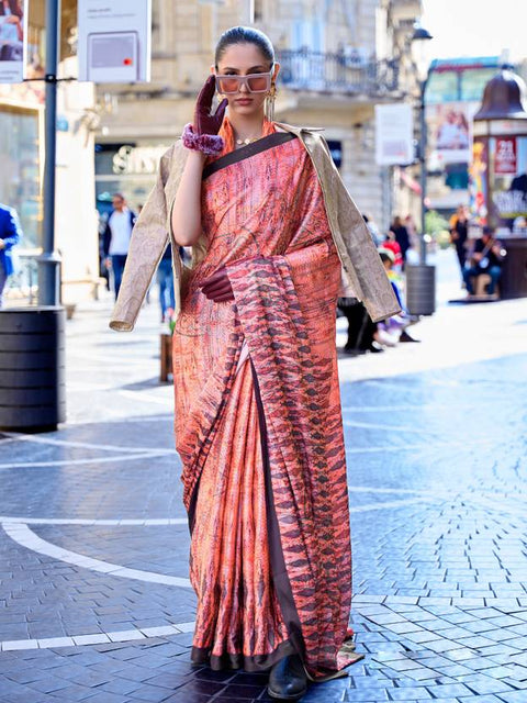 Peach Digital Print Saree in Satin Silk Blend – Party & Wedding Wear ClothsVilla Main image
