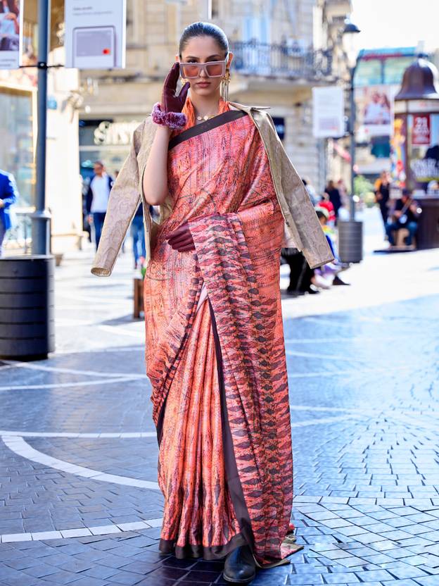 Peach Digital Print Saree in Satin Silk Blend – Party & Wedding Wear ClothsVilla Main image