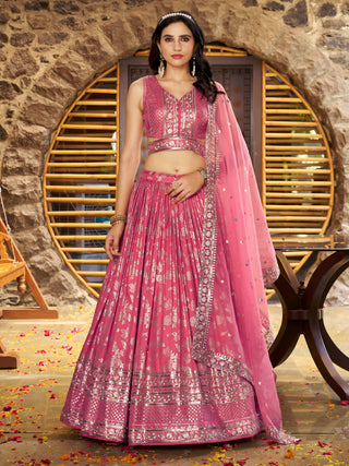 Peach Dola Silk Jacquard Embroidered Lehenga Choli Clothsvilla