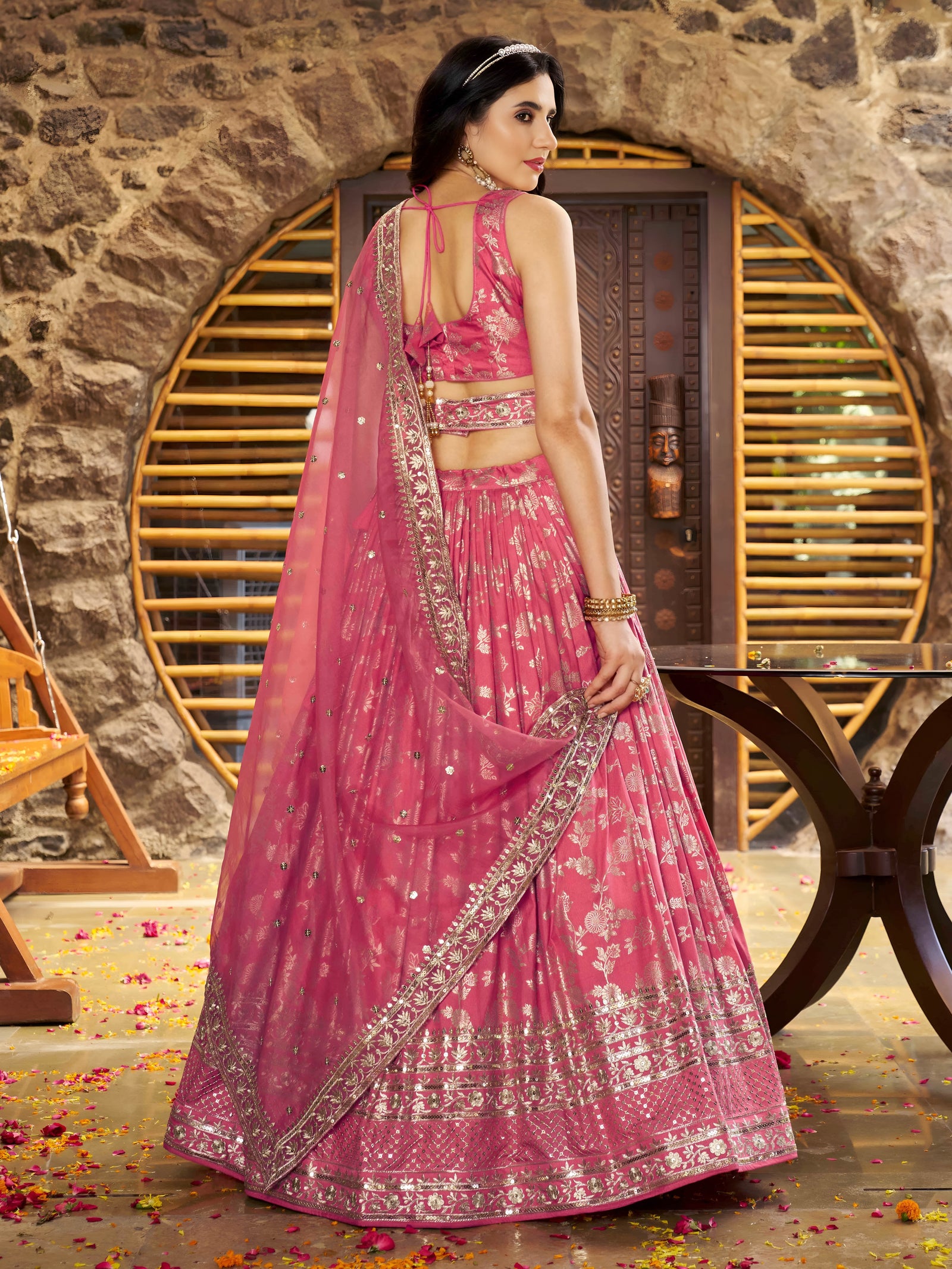Peach Dola Silk Jacquard Embroidered Lehenga Choli Clothsvilla