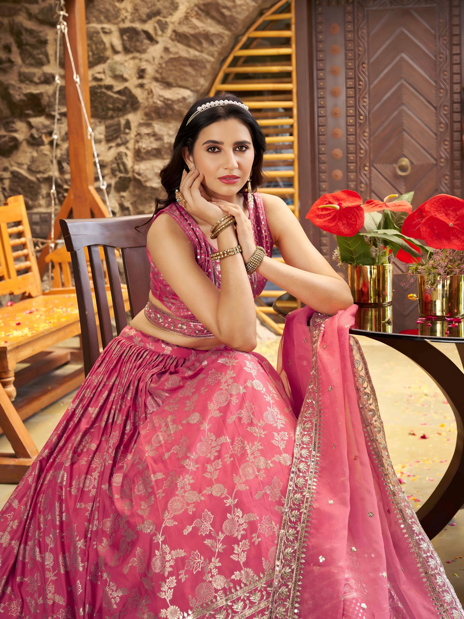 Peach Dola Silk Jacquard Embroidered Lehenga Choli Clothsvilla