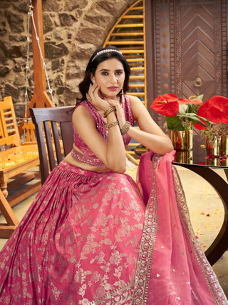 Peach Dola Silk Jacquard Embroidered Lehenga Choli Clothsvilla