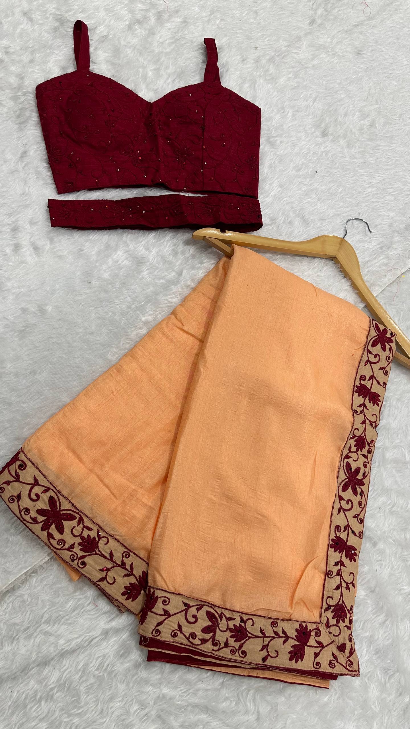 Peach Dolla Silk Saree with Thread & Stone Border and Banglori Satin Blouse ClothsVilla