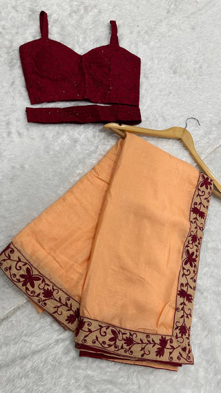 Peach Dolla Silk Saree with Thread & Stone Border and Banglori Satin Blouse ClothsVilla
