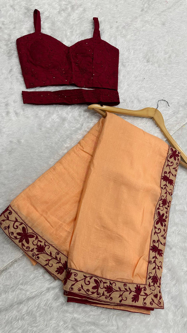 Peach Dolla Silk Saree with Thread & Stone Border and Banglori Satin Blouse ClothsVilla