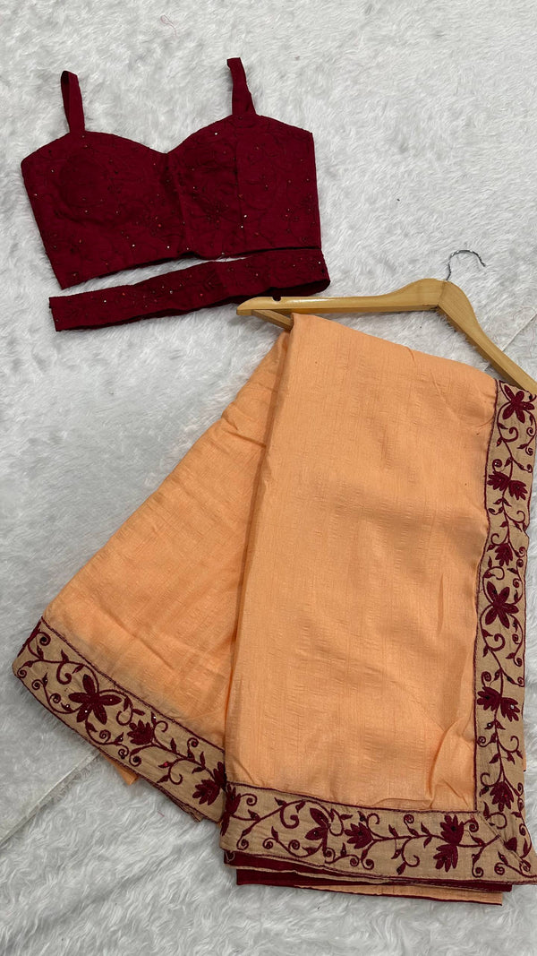 Peach Dolla Silk Saree with Thread & Stone Border and Banglori Satin Blouse ClothsVilla