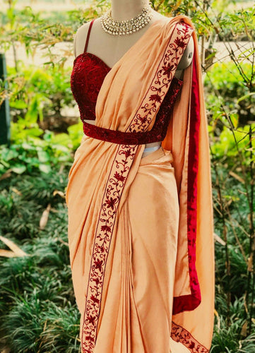Peach Dolla Silk Saree with Thread & Stone Border and Banglori Satin Blouse ClothsVilla