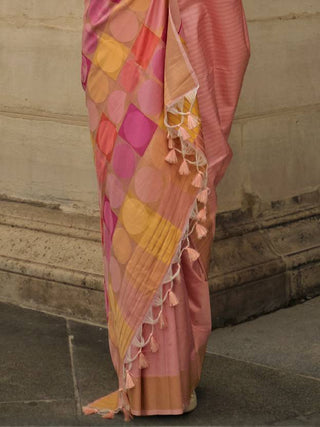 Peach Elegant Banarasi Silk Blend Saree with Tassel Detailing – Unstitched Blouse Piece ClothsVilla