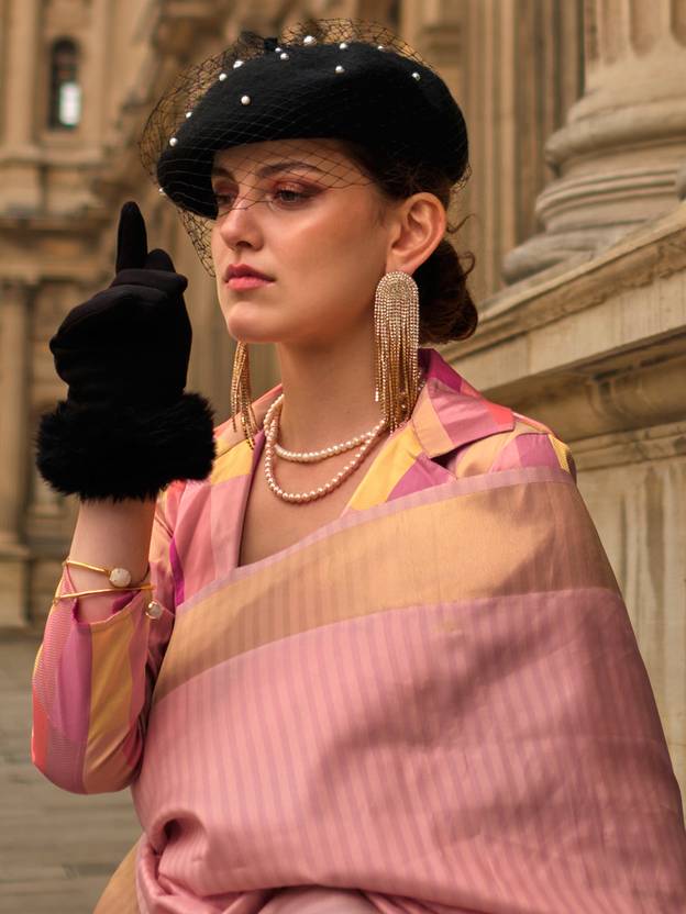 Peach Elegant Banarasi Silk Blend Saree with Tassel Detailing – Unstitched Blouse Piece ClothsVilla