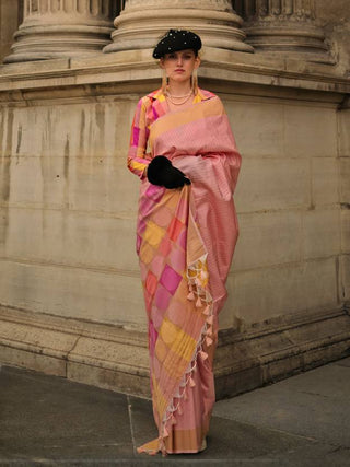 Peach Elegant Banarasi Silk Blend Saree with Tassel Detailing – Unstitched Blouse Piece ClothsVilla