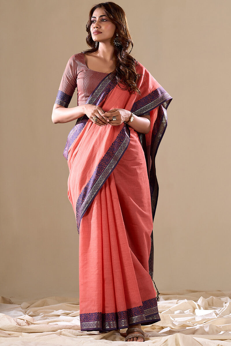 Peach Elegant Banarasi Silk Blend Saree with Zari Woven Border ClothsVilla