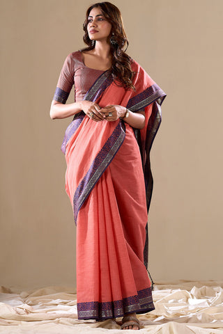 Peach Elegant Banarasi Silk Blend Saree with Zari Woven Border ClothsVilla