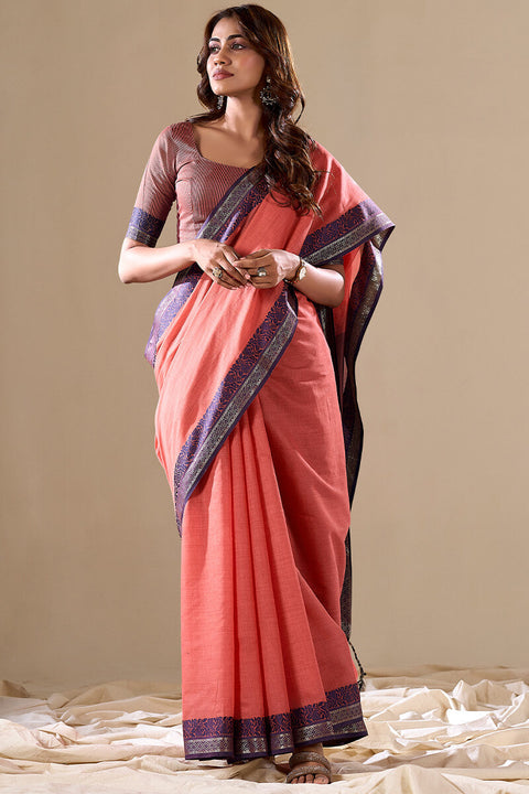 Peach Elegant Banarasi Silk Blend Saree with Zari Woven Border ClothsVilla Main image