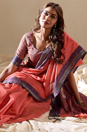 Peach Elegant Banarasi Silk Blend Saree with Zari Woven Border ClothsVilla
