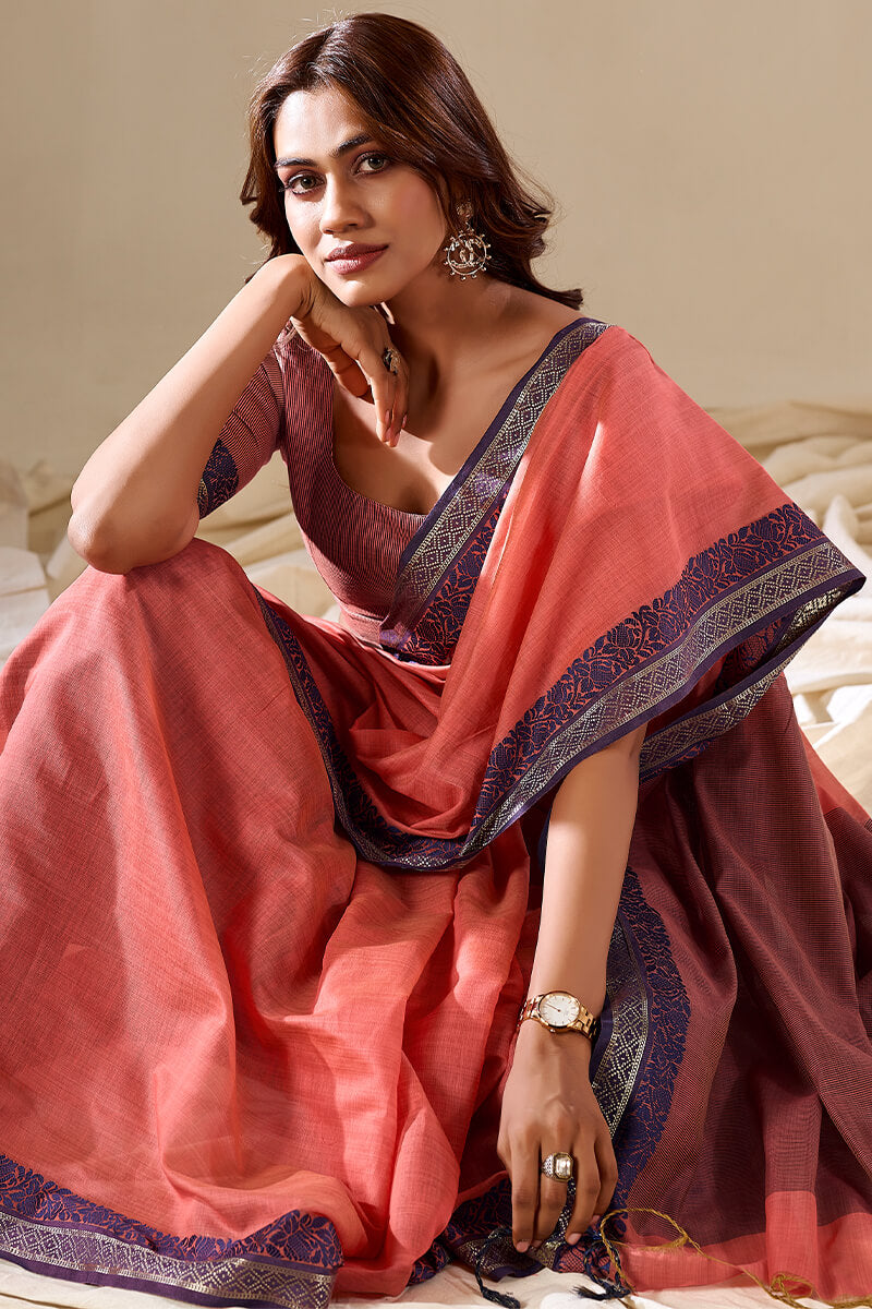 Peach Elegant Banarasi Silk Blend Saree with Zari Woven Border ClothsVilla