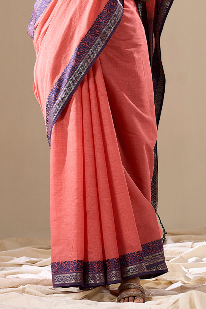Peach Elegant Banarasi Silk Blend Saree with Zari Woven Border ClothsVilla