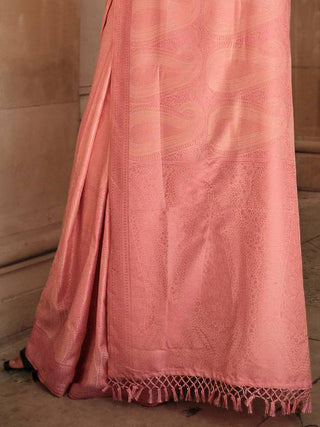 Peach Elegant Banarasi Silk Blend Woven Saree with Tassel Detailing ClothsVilla