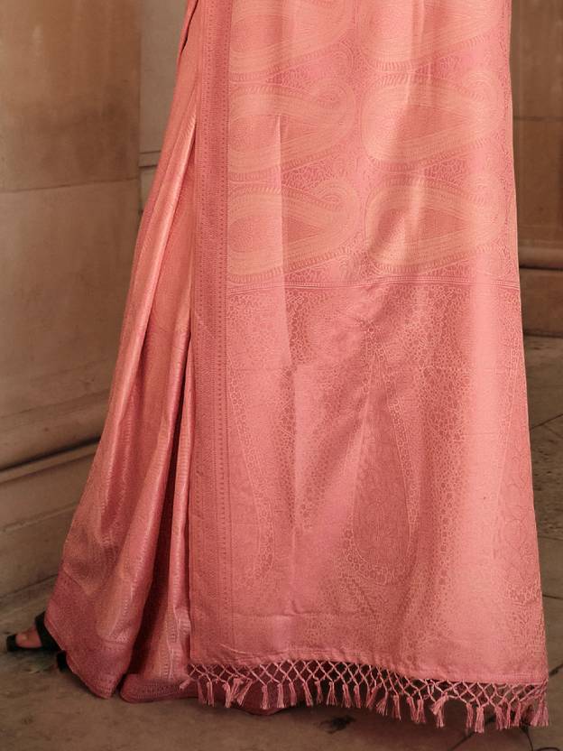 Peach Elegant Banarasi Silk Blend Woven Saree with Tassel Detailing ClothsVilla