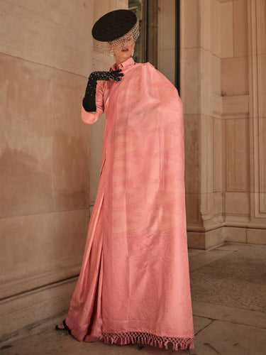 Peach Elegant Banarasi Silk Blend Woven Saree with Tassel Detailing ClothsVilla