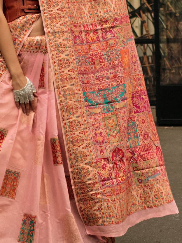 Peach Elegant Banarasi Silk Blend Woven Saree with Unstitched Blouse Piece ClothsVilla