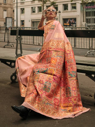 Peach Elegant Banarasi Silk Blend Woven Saree with Unstitched Blouse Piece ClothsVilla