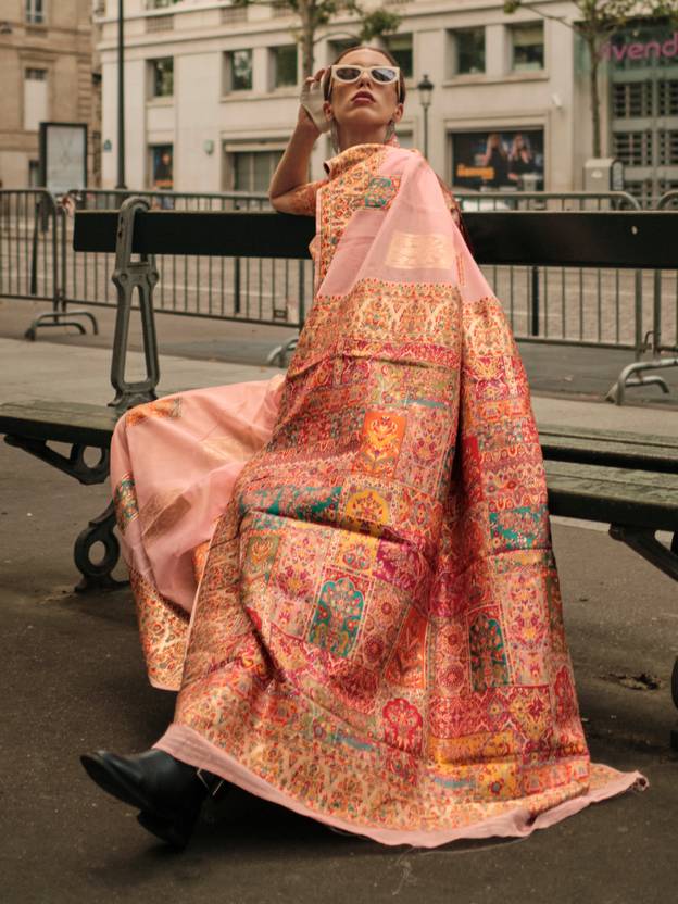 Peach Elegant Banarasi Silk Blend Woven Saree with Unstitched Blouse Piece ClothsVilla