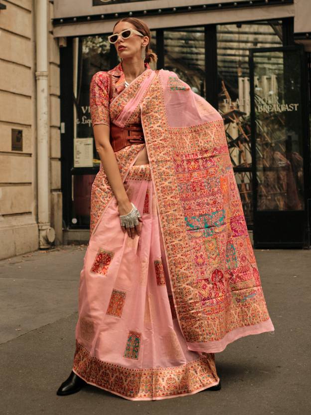 Peach Elegant Banarasi Silk Blend Woven Saree with Unstitched Blouse Piece ClothsVilla Main image
