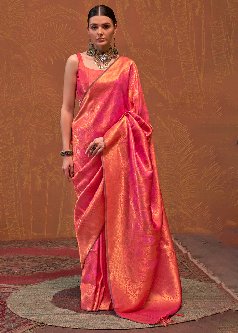 Peach Elegant Blended Silk Banarasi Saree with Blouse Piece – Timeless Traditional Charm ClothsVilla Main image