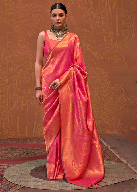 Peach Elegant Blended Silk Banarasi Saree with Blouse Piece – Timeless Traditional Charm ClothsVilla Main image