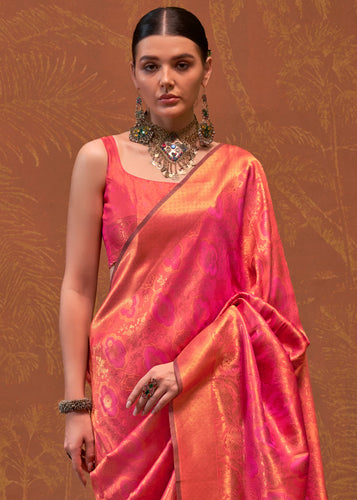 Peach Elegant Blended Silk Banarasi Saree with Blouse Piece – Timeless Traditional Charm ClothsVilla