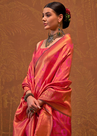 Peach Elegant Blended Silk Banarasi Saree with Blouse Piece – Timeless Traditional Charm ClothsVilla