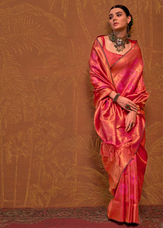 Peach Elegant Blended Silk Banarasi Saree with Blouse Piece – Timeless Traditional Charm ClothsVilla