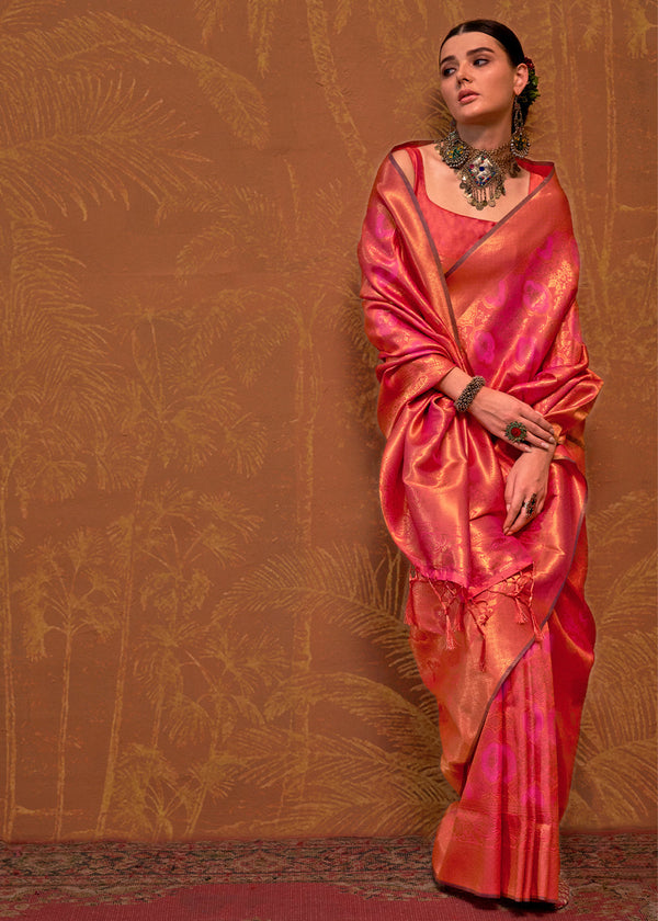 Peach Elegant Blended Silk Banarasi Saree with Blouse Piece – Timeless Traditional Charm ClothsVilla