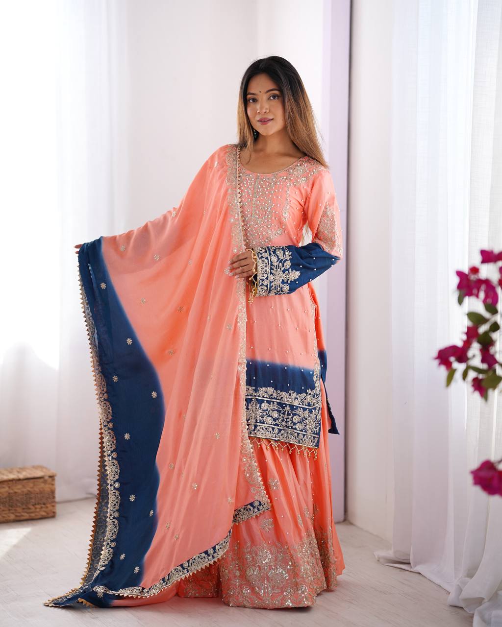 Peach Elegant Chinon Silk Ensemble – Top, Plazo & Dupatta ClothsVilla