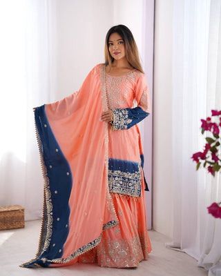 Peach Elegant Chinon Silk Ensemble – Top, Plazo & Dupatta ClothsVilla