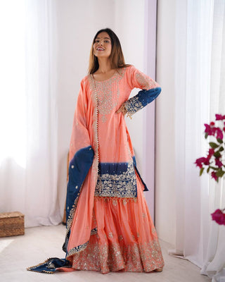 Peach Elegant Chinon Silk Ensemble – Top, Plazo & Dupatta ClothsVilla