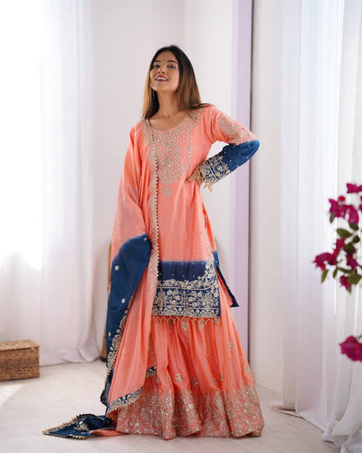 Peach Elegant Chinon Silk Ensemble – Top, Plazo & Dupatta ClothsVilla