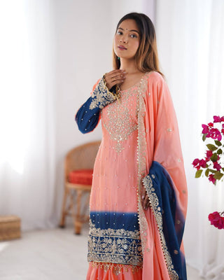 Peach Elegant Chinon Silk Ensemble – Top, Plazo & Dupatta ClothsVilla