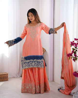 Peach Elegant Chinon Silk Ensemble – Top, Plazo & Dupatta ClothsVilla