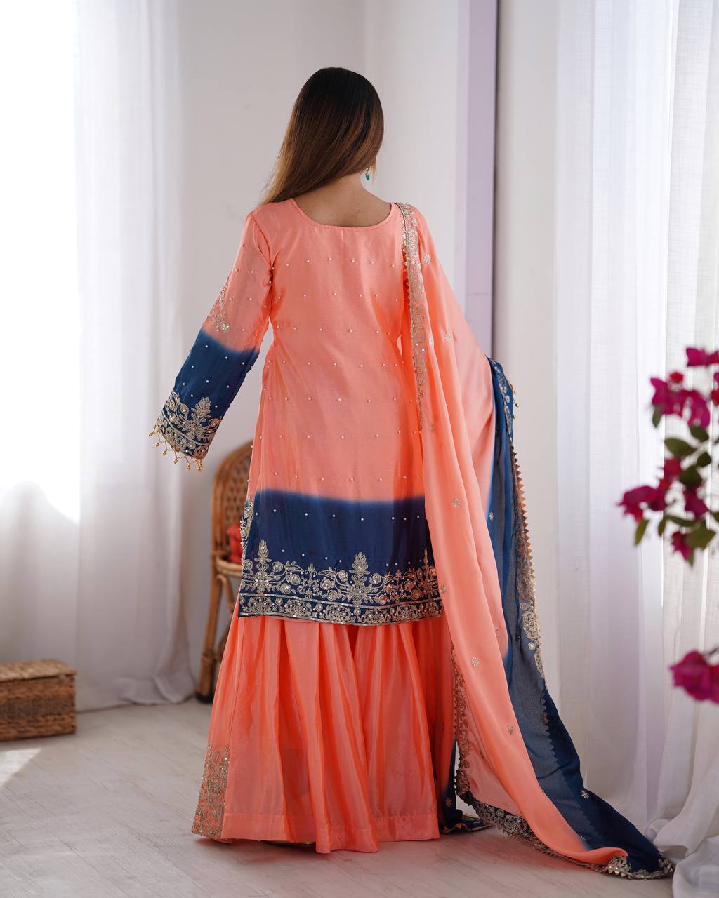 Peach Elegant Chinon Silk Ensemble – Top, Plazo & Dupatta ClothsVilla