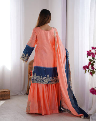 Peach Elegant Chinon Silk Ensemble – Top, Plazo & Dupatta ClothsVilla