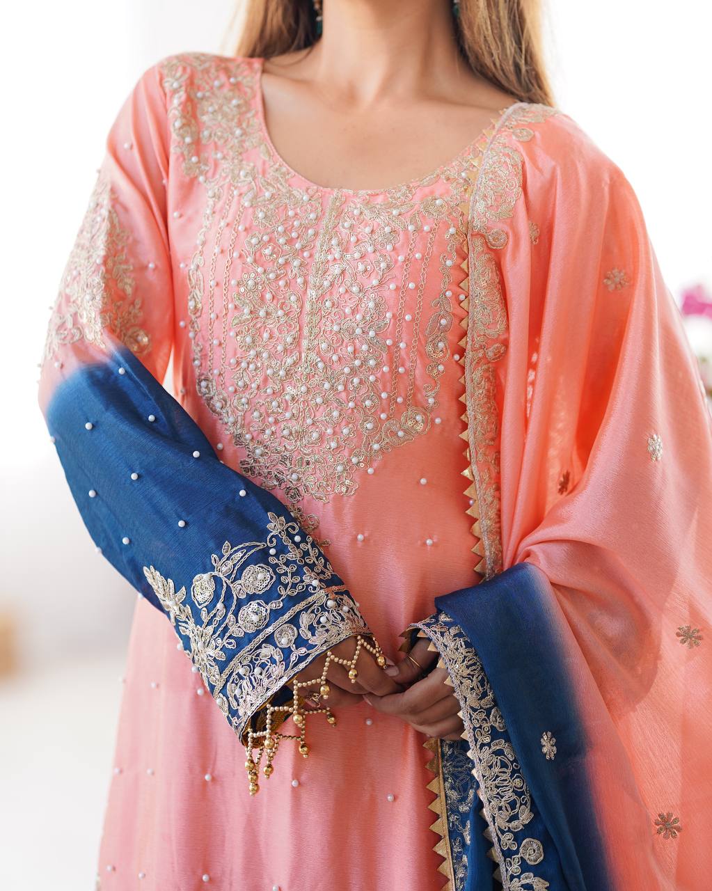 Peach Elegant Chinon Silk Ensemble – Top, Plazo & Dupatta ClothsVilla