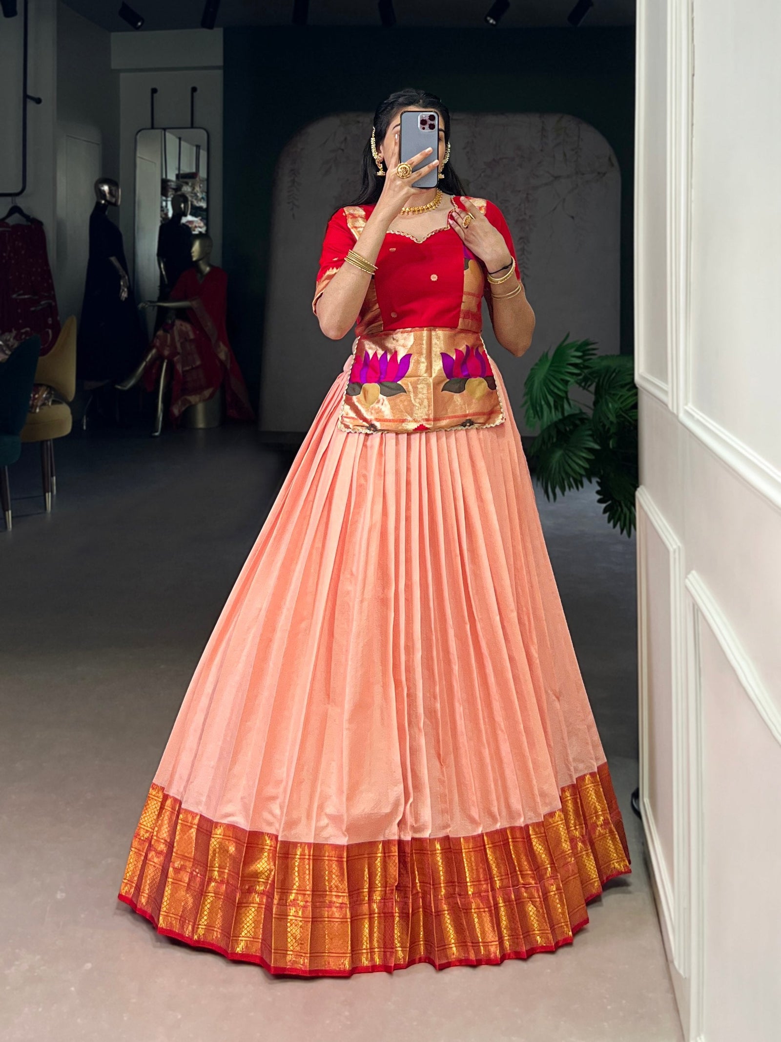 Peach Elegant Cotton Silk Zari Weaving Lehenga Choli Set with Jacquard Silk Blouse & Lace Touch – Stitched Ensemble ClothsVilla