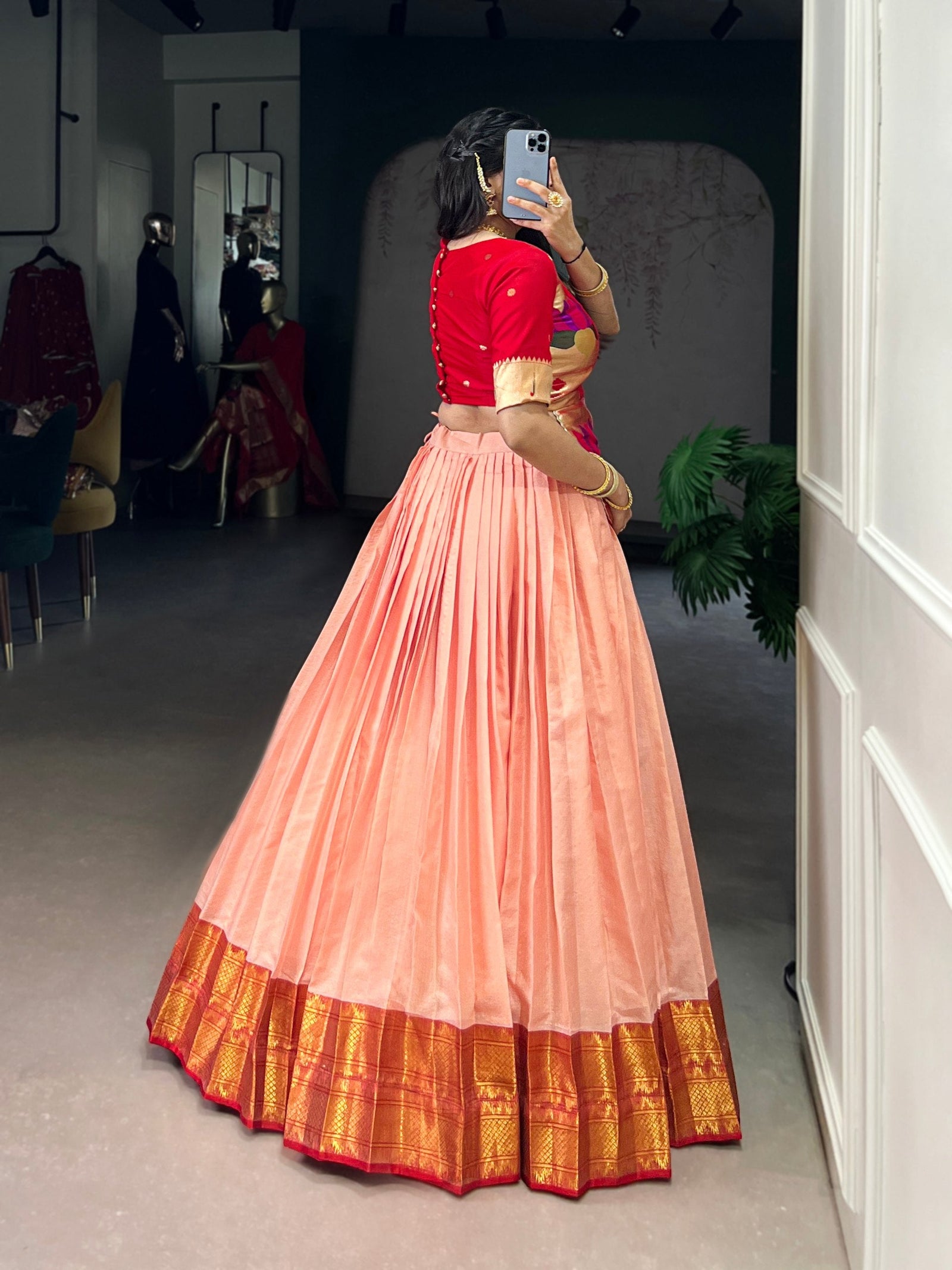Peach Elegant Cotton Silk Zari Weaving Lehenga Choli Set with Jacquard Silk Blouse & Lace Touch – Stitched Ensemble ClothsVilla