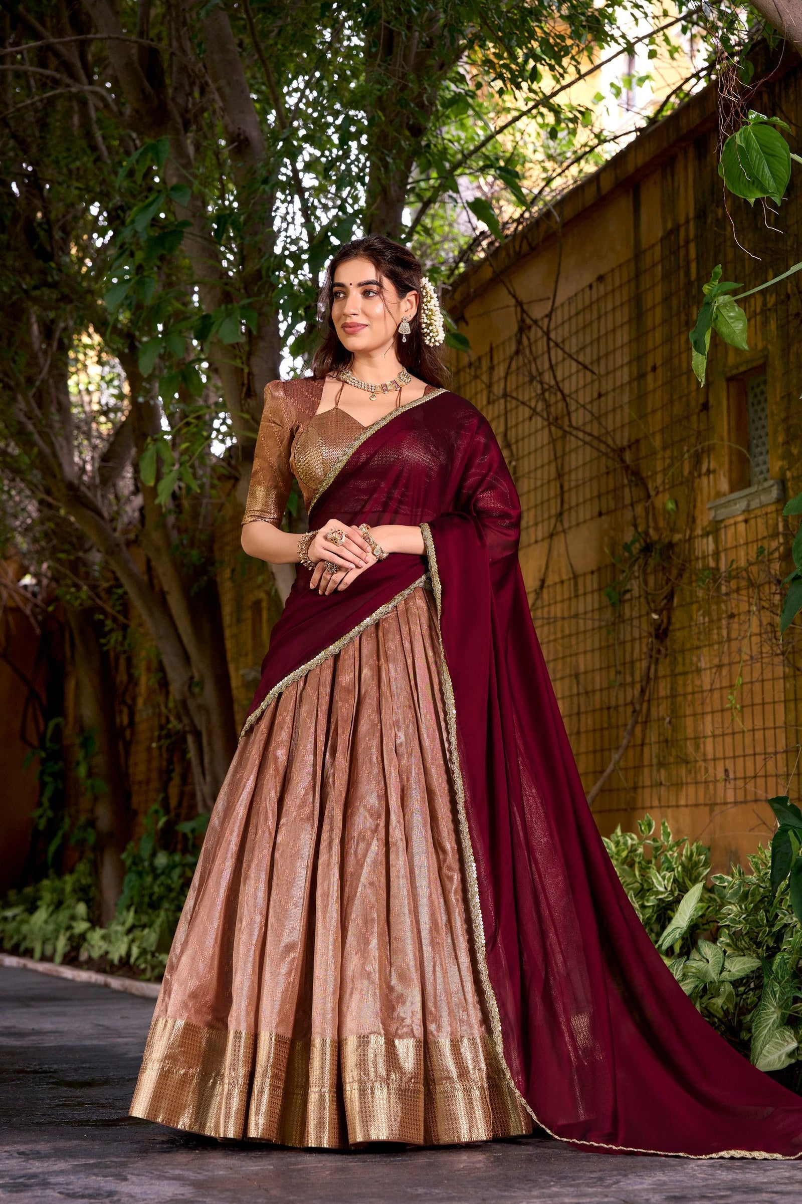 Peach Elegant Dupion Silk Stitched Lehenga with Zari Weaving Work, Unstitched Blouse & Zari Shimmer Dupatta ClothsVilla